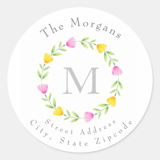 ピンク、黄色の水色の花茎のリースラベル ラウンドシール (正面)