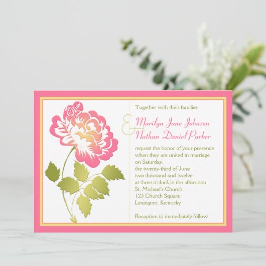 ピンク、黄色、および緑のシャクヤクの結婚式招待状 招待状 (スタンド正面)