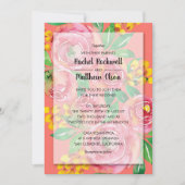 ピンク、黄色、生きたサンゴのフローラ結婚式の招待 (正面)