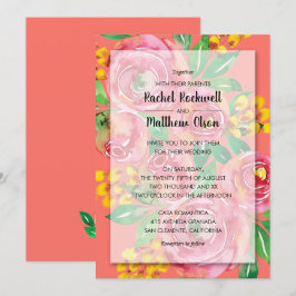 ピンク、黄色、生きたサンゴのフローラ結婚式の招待