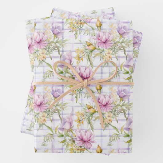 ピンク、黄色、紫の花を背景に ラッピングペーパーシート (インサイチュ)