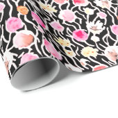 ピンク、黄色、黒の水彩花模様 ラッピングペーパー (ロールコーナー)