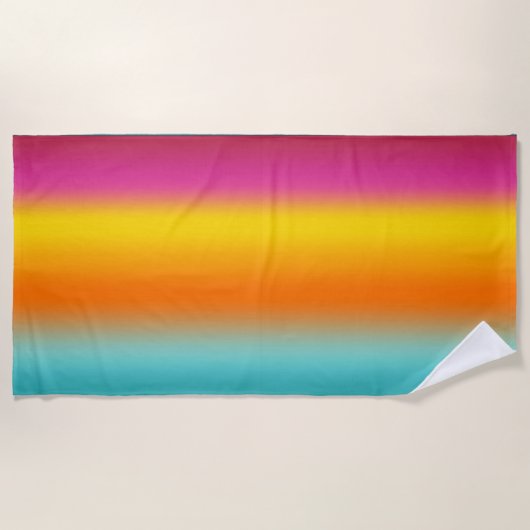 ピンク、黄、オレンジ、ティール（緑がかった色）のグラデーション ビーチタオル (正面)