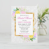 ピンク、黄、青の花の金ゴールドブライダルシャワー 招待状 (スタンド正面)