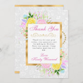 ピンク、黄、青の花の金ゴールド誕生日 サンキューカード (正面/裏面)