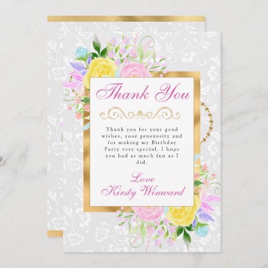 ピンク、黄、青の花の金ゴールド誕生日 サンキューカード (正面/裏面)