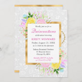 ピンク、黄、青の花金ゴールドキンセアニェラ 招待状 (正面/裏面)