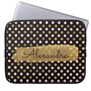 ピンク、黒いおよび金ゴールドホイルの水玉模様の名前 ラップトップスリーブ