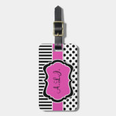 ピンク、黒く、白くストライプのな水玉模様の荷物のラベル ラゲッジタグ (正面縦)