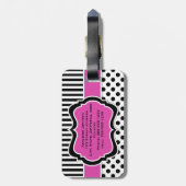 ピンク、黒く、白くストライプのな水玉模様の荷物のラベル ラゲッジタグ (裏面縦)
