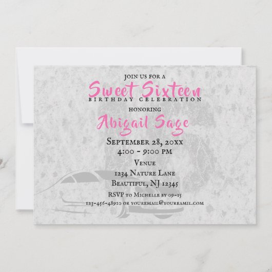 ピンク、黒と車グランジの甘さ16誕生日 招待状 (裏面)