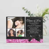 ピンク/黒スパークルボウ3写真卒業パーティー 招待状 (スタンド正面)