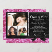 ピンク/黒スパークルボウ3写真卒業パーティー 招待状 (正面/裏面)