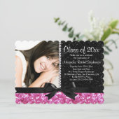 ピンク/黒スパークルルックボウ写真卒業パーティー 招待状 (スタンド正面)