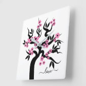 ピンク・黒恋鳥さくらんぼの木と花 スクエア壁時計 (傾斜)