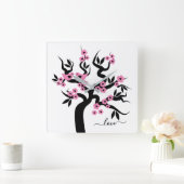 ピンク・黒恋鳥さくらんぼの木と花 スクエア壁時計 (ホーム)