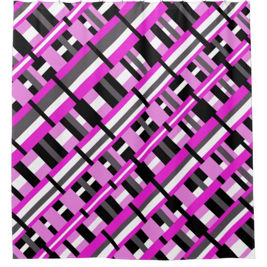 ピンク、黒、グレーの対角線の格子模様 シャワーカーテン (正面)