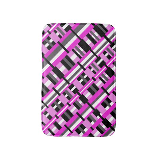 ピンク、黒、グレーの対角線の格子模様 バスマット (正面縦)