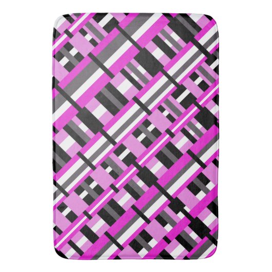 ピンク、黒、グレーの対角線の格子模様 バスマット (正面縦)