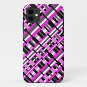 ピンク、黒、グレーの対角線の格子模様 iPhone 11 ケース