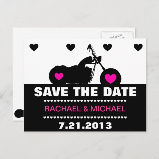 ピンク、黒、白のオートバイバイクもしくは自転車に乗る人日付を保存 案内ポストカード (正面/裏面)