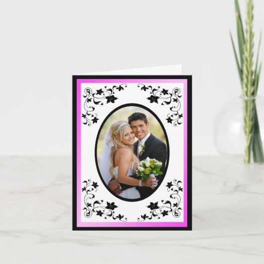 ピンク、黒、白のフローラ写真サンキューカード サンキューカード (正面)