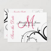 ピンク、黒、白の渦巻き状の日付はがきを保存 案内ポストカード (正面/裏面)