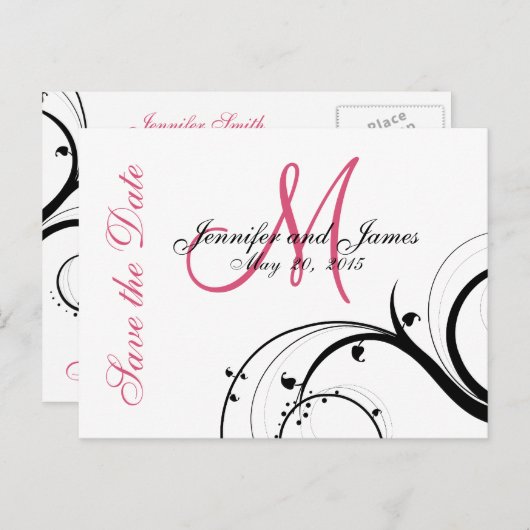 ピンク、黒、白の渦巻き状の日付はがきを保存 案内ポストカード (正面/裏面)