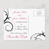 ピンク、黒、白の渦巻き状の日付はがきを保存 案内ポストカード (裏面)