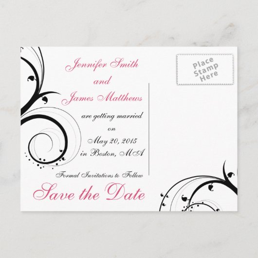 ピンク、黒、白の渦巻き状の日付はがきを保存 案内ポストカード (裏面)