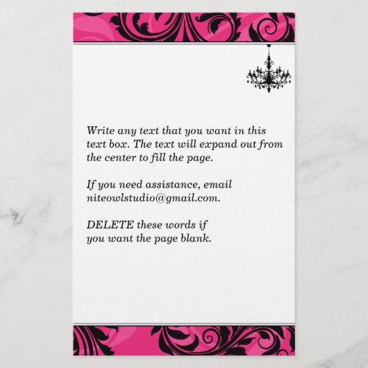 ピンク、黒、白シャンデリア、スクロール文房具 便箋 (正面)