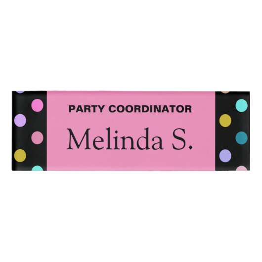 ピンク（黒）紙吹雪ドットパーティー名かわいらしタグ 名札 (正面)