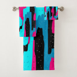 ピンク、黒、青の抽象芸術アートプリント   バスタオルセット