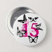 ピンク「15'の黒い蝶ボタン 缶バッジ (正面&裏面)
