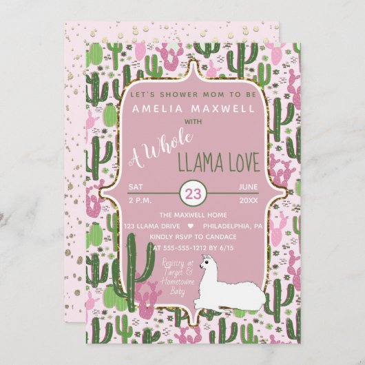 ピンク | Green Llama Love Cactus Girl Baby Shower 招待状 (正面/裏面)
