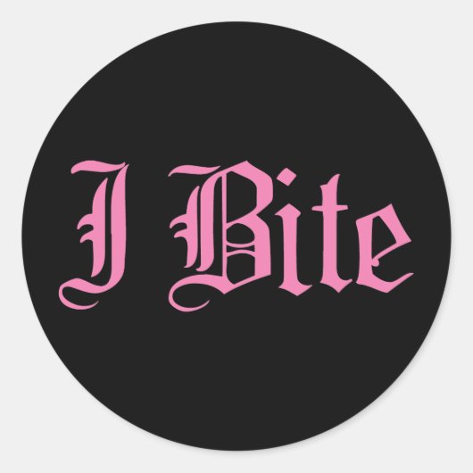 ピンク「I Bite」文字 ラウンドシール (正面)