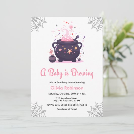 ピンクAベビーがハロウィーンの赤ちゃんシャワーを醸造している 招待状 (スタンド正面)