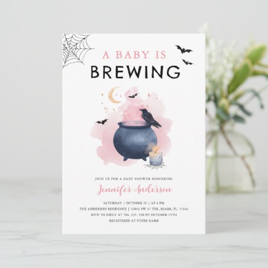 ピンクAベビーがハロウィーンの赤ちゃんシャワーを醸造している 招待状 (スタンド正面)