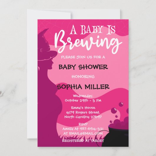 ピンクAベビーがハロウィーン魔女の赤ちゃんシャワーを醸造している 招待状 (正面)