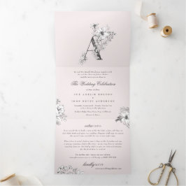 ピンク'A'モノグラム美しいスケッチフローラ結婚ズ 三つ折り招待状