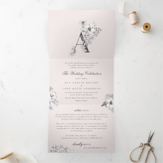 ピンク'A'モノグラム美しいスケッチフローラ結婚ズ 三つ折り招待状 (内部)