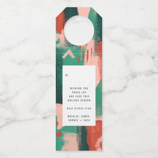 ピンクAabstractの赤 + 緑の嬉しいクリスマス ボトルネックタグ (裏面)