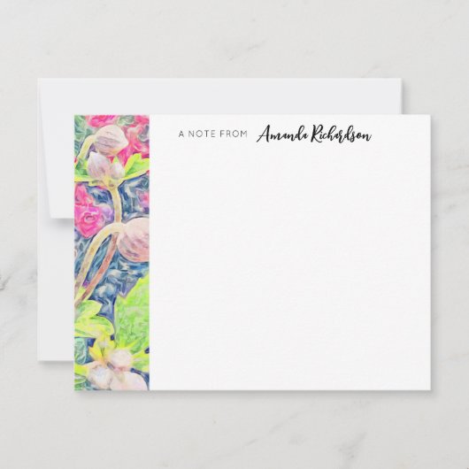 ピンクAnemone青アクセント水彩フラット ノートカード (正面)