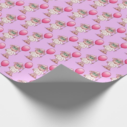 ピンクBaloon.を保持しているベビーのヒツジの女の子 ラッピングペーパー (角)