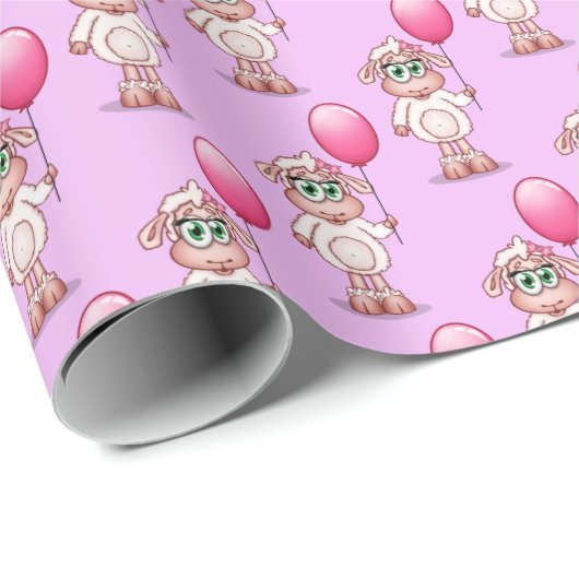 ピンクBaloon.を保持しているベビーのヒツジの女の子 ラッピングペーパー (ロールコーナー)