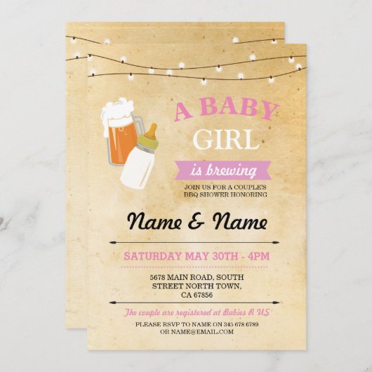 ピンクBBQの招待を醸造している素朴なベビーシャワーの女の子 招待状 (正面/裏面)