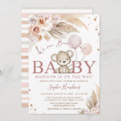 ピンクbearly待ちボホテディベアーガールベビーシャワー 招待状 (正面/裏面)