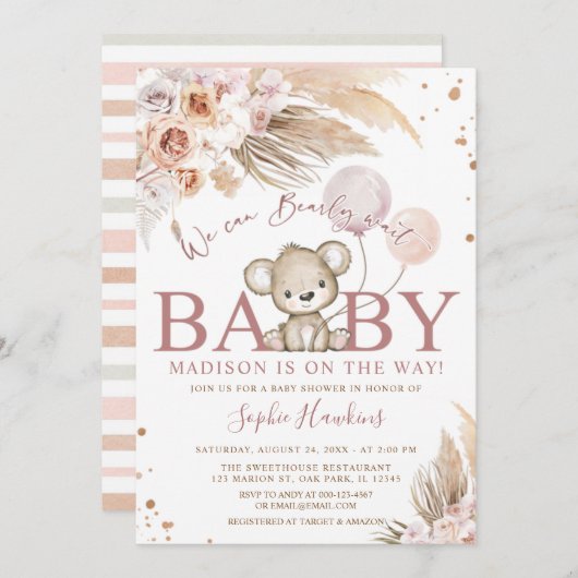 ピンクbearly待ちボホテディベアーガールベビーシャワー 招待状 (正面/裏面)