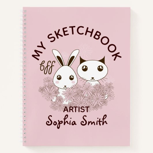 ピンクBFFかわいい漫画の子猫とバニーの子供のスケッチ ノートブック (正面)