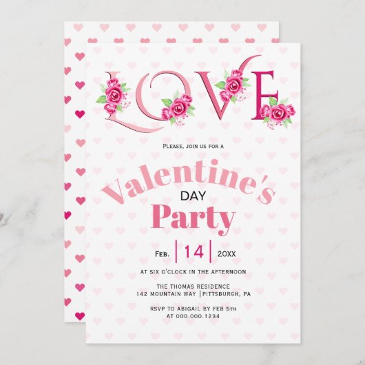 ピンクLOVEとバラバレンタインデーパーティー 招待状 (正面/裏面)